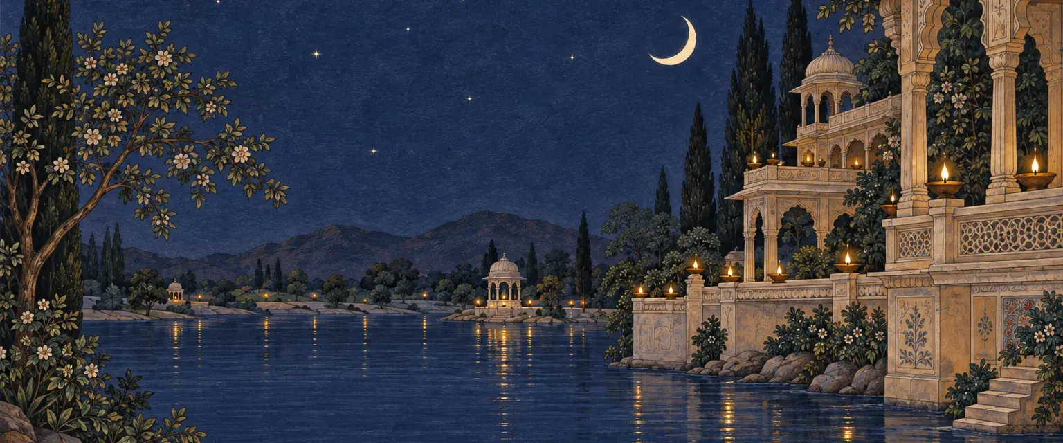 Painted palace terrace with oil lamps by a river under a crescent moon