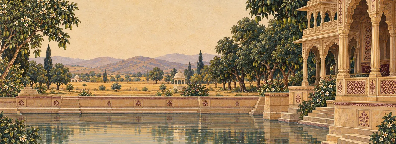 Painted sandstone pavilion and still stepped pond in the afternoon haze