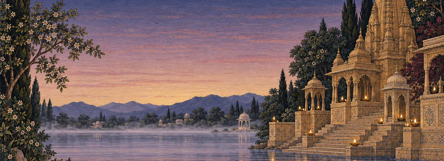 Painted riverside temple ghat in the grey-rose light before sunrise