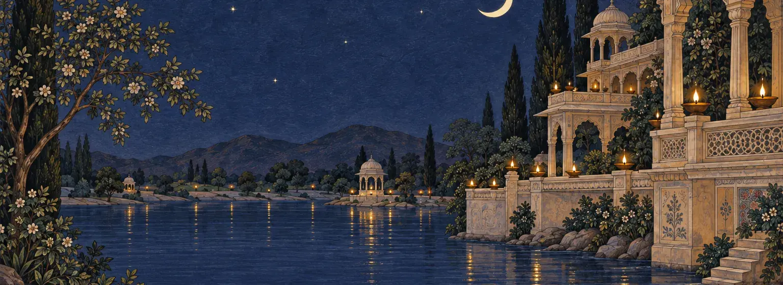 Painted palace terrace with oil lamps by a river under a crescent moon