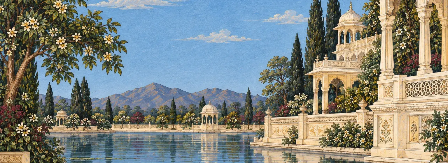 Painted marble pavilion and lotus pool in clear morning light