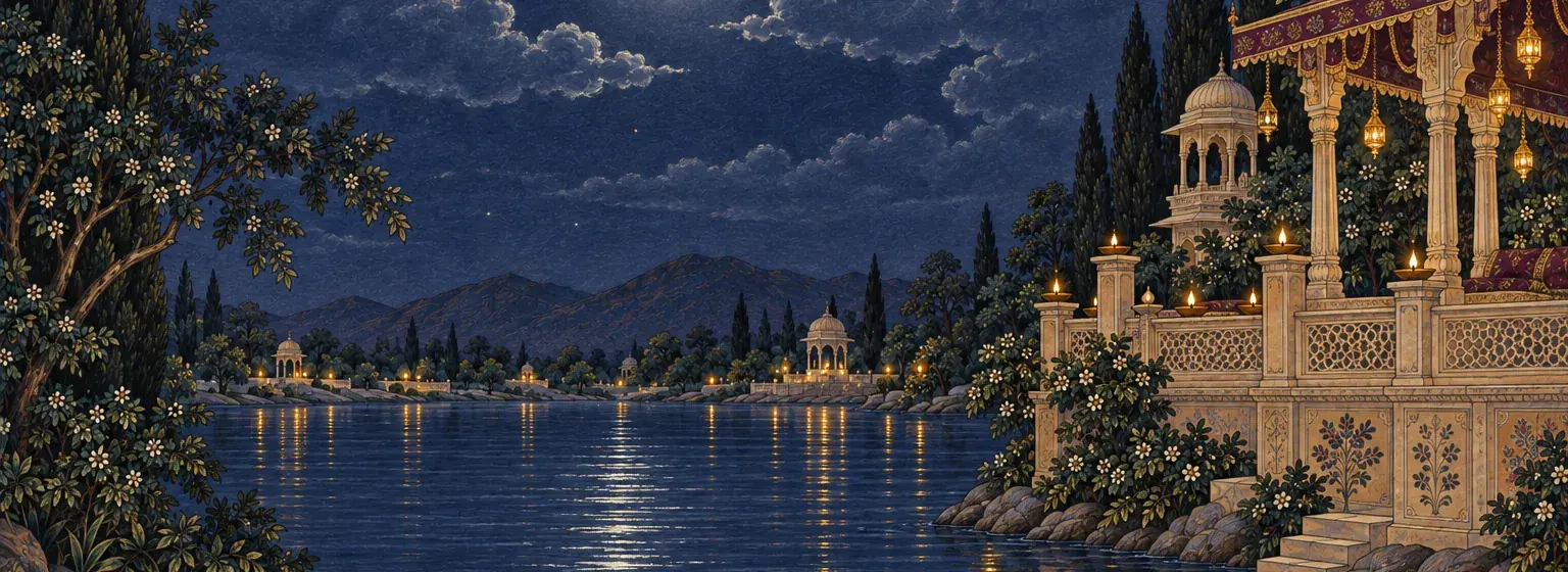 Painted rooftop terrace with hanging lamps under a full moon and monsoon clouds