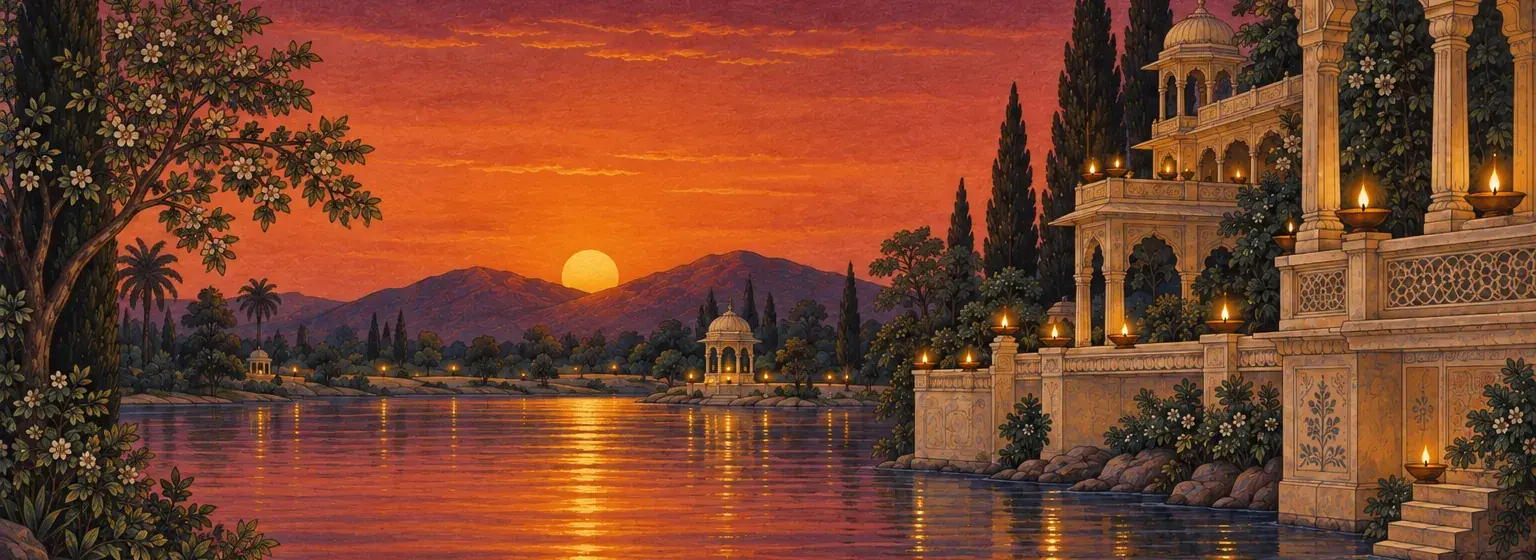 Painted river ghats and domed pavilion against an orange sunset